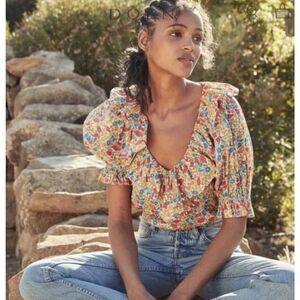 Doen Constance Blouse Top size S Poppy Daisy Floral Liberty Fabric Scoop Neck